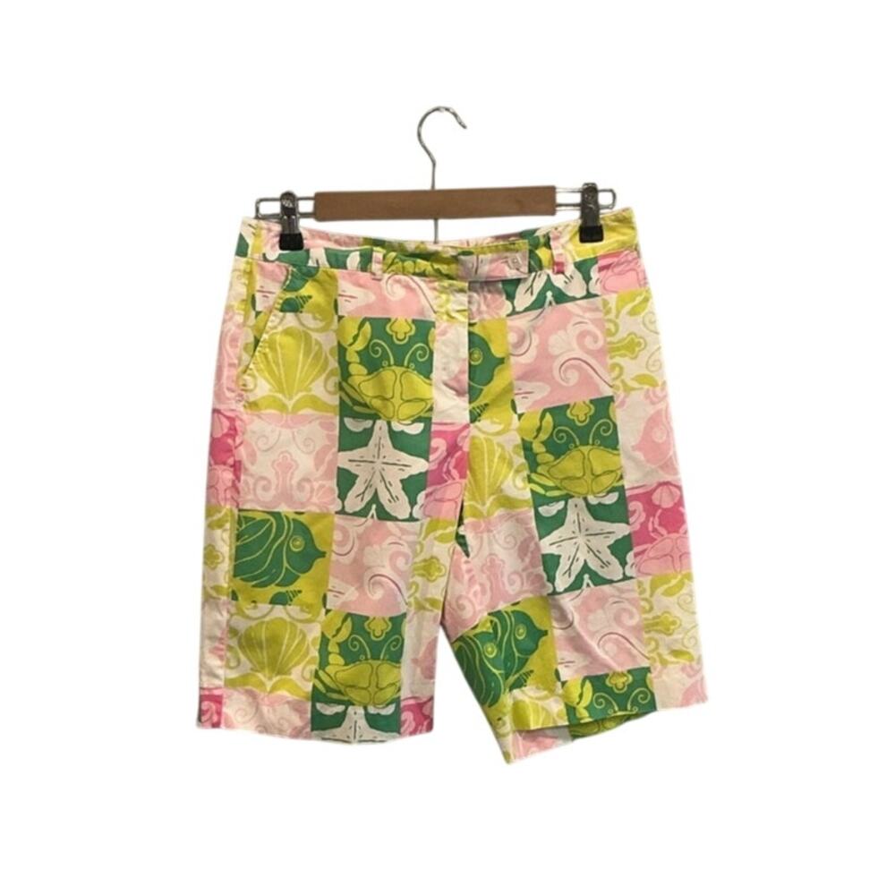 Vtg Lilly Pulitzer Ocean Life Patchwork Bermuda Shorts Green Crab Beach Preppy 8
